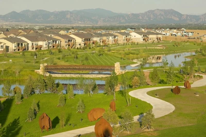 Aerial view of a master-planned Colorado community surrounded by parks and open space