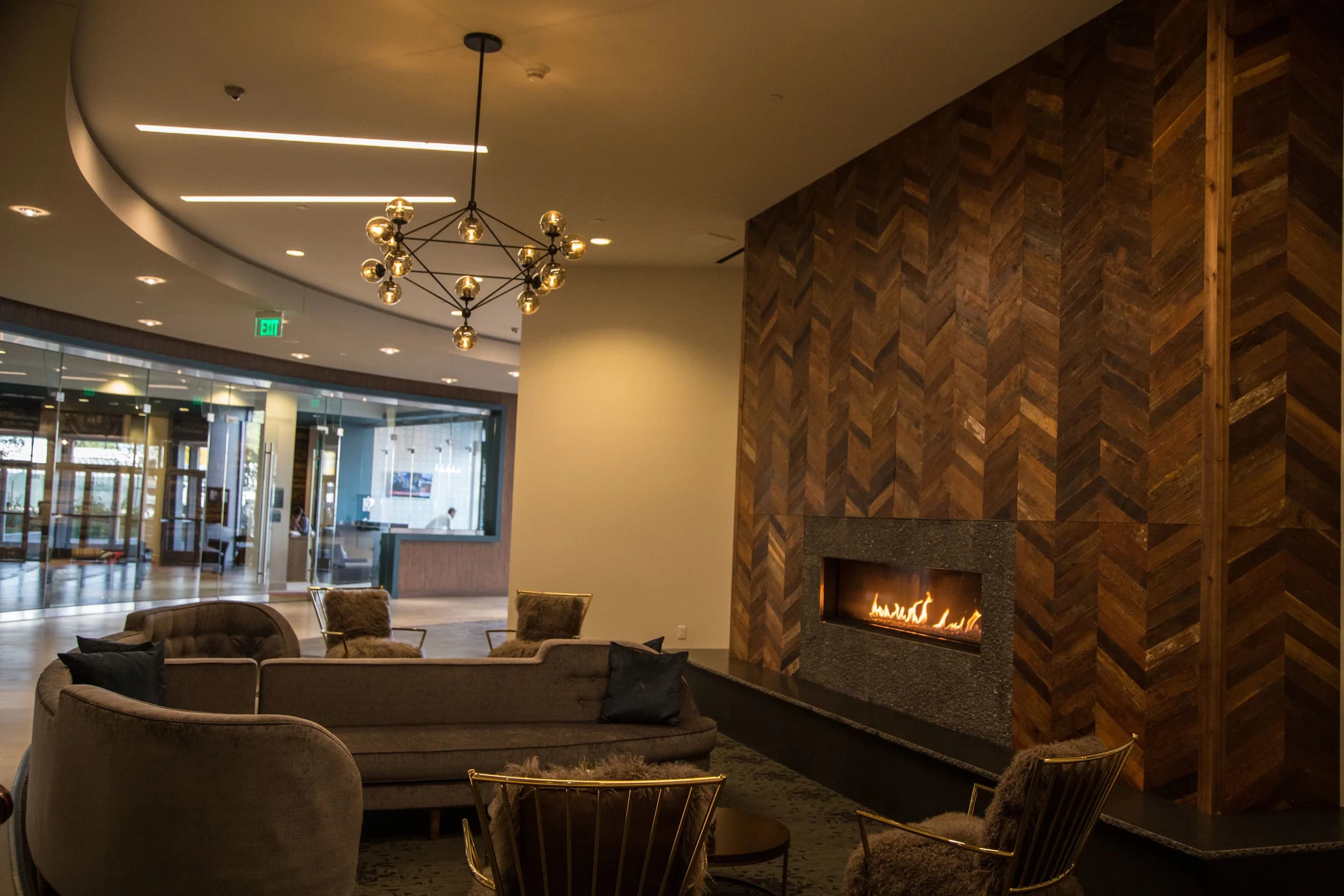 Community lounge with linear fireplace