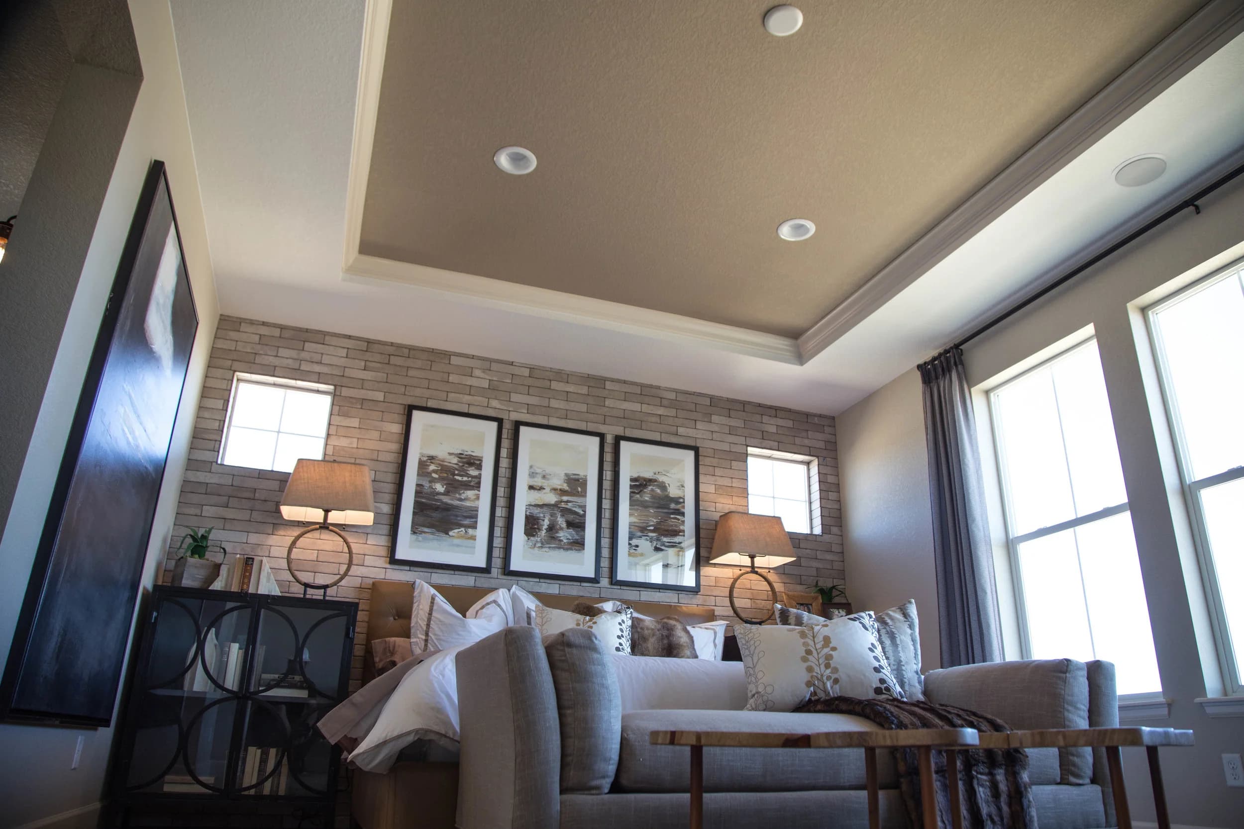 Living room with layered recessed lighting