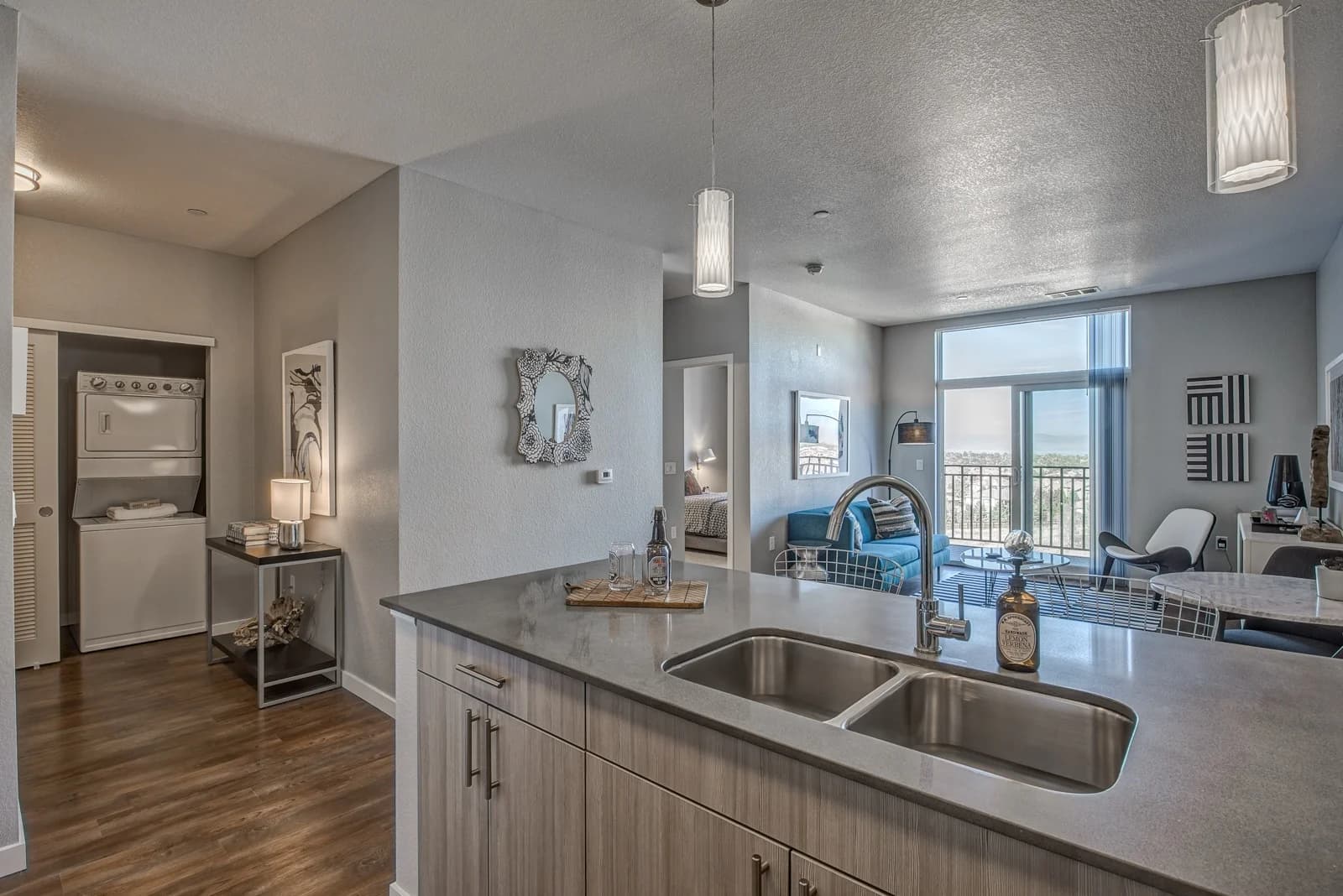 Kitchen with island and integrated lighting